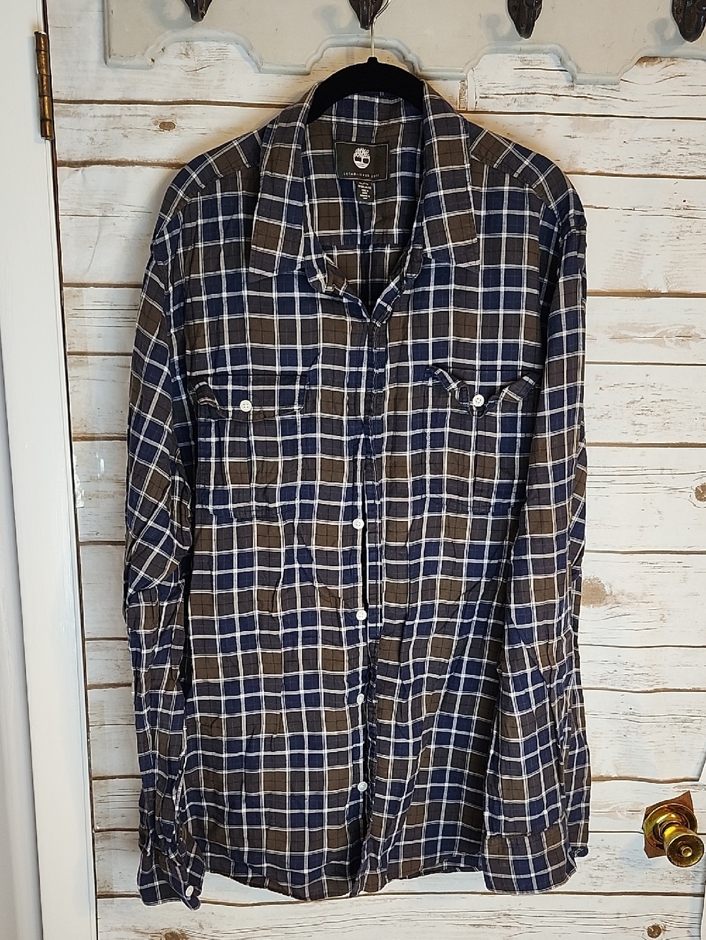 Timberland Navy, Brown & White Plaid Work Shirt Men's XL